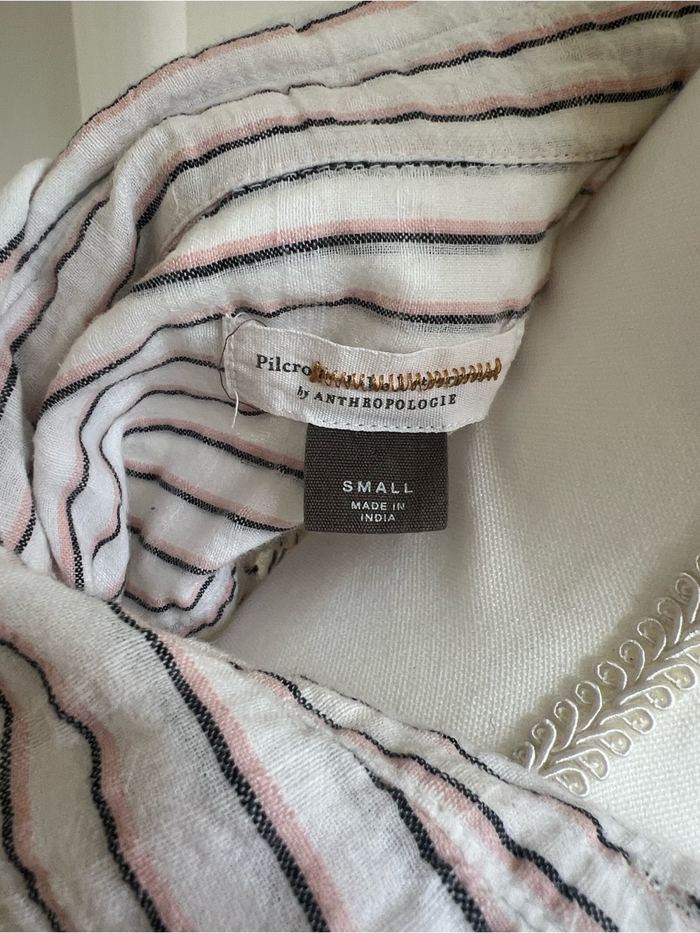 Pilcro White Pinstripe Button Front Blouse with Multicolor Floral Embroidery - Picture 4 of 5